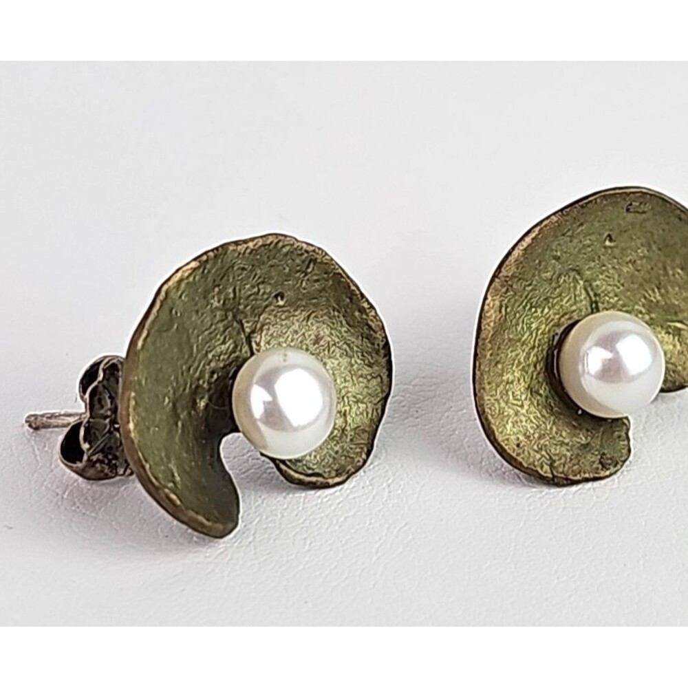 MICHAEL MICHAUD Geranium Cultured Pearl Leaf Cast Bronze 14K Post Earrings